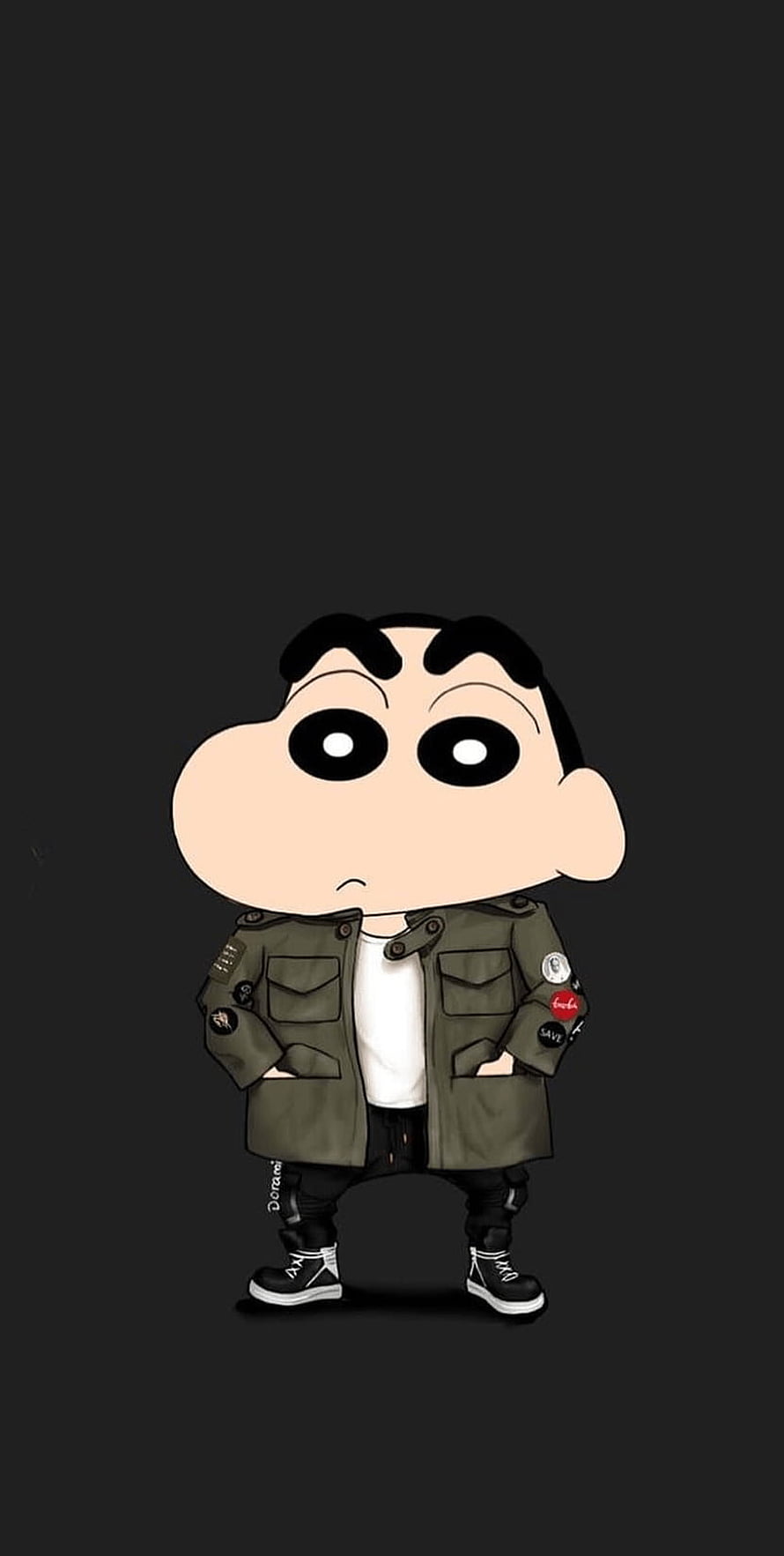 Shin-chan in Streetwear Jacket and Sneakers on Dark Background HD phone wallpaper