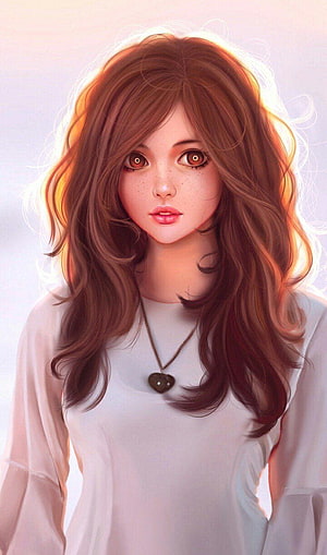 Soft Digital Portrait of a Freckled Girl with Wavy Brown Hair and Heart Necklace HD phone wallpaper