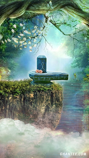 Mystical Shiva Lingam on Floating Cliff with Cherry Blossoms and Ethereal Mist HD phone wallpaper