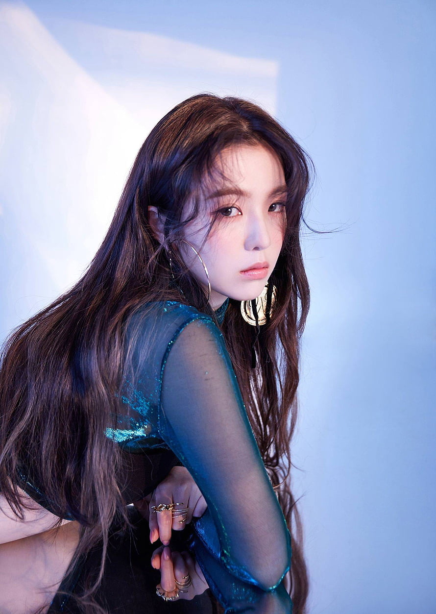 Irene Red Velvet in Teal Sheer Top with Gold Hoop Earrings and Long Wavy Hair HD phone wallpaper