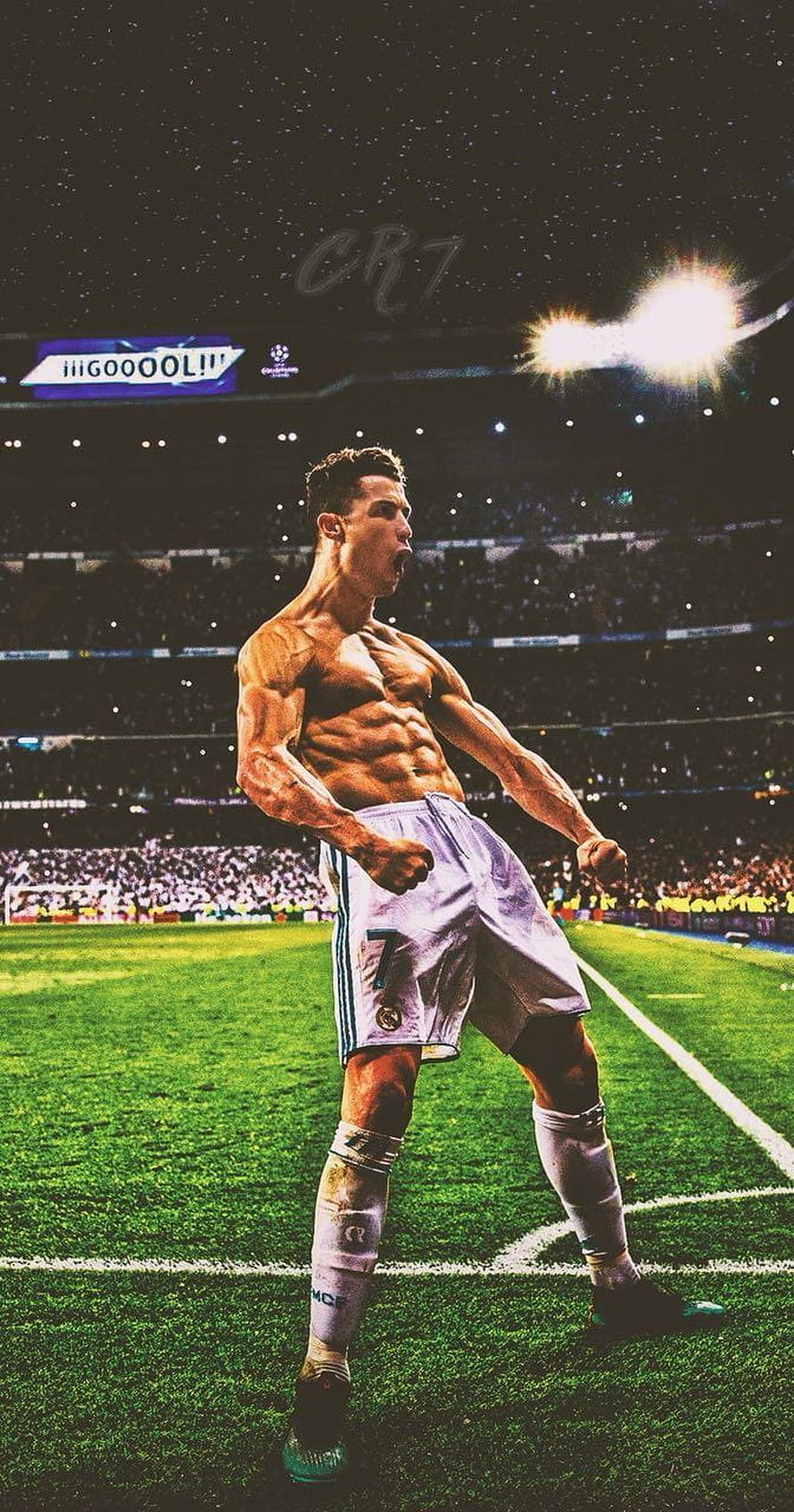 Cristiano Ronaldo shirtless celebration on the pitch at night HD phone wallpaper