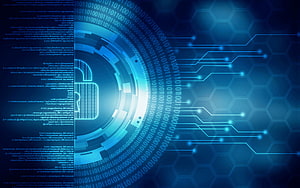Digital Cybersecurity Concept with Glowing Lock and Binary Code on Blue Circuit Background HD wallpaper