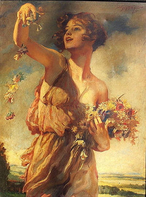 Woman Scattering Flowers in Flowing Gown, Classic Oil Painting HD phone wallpaper