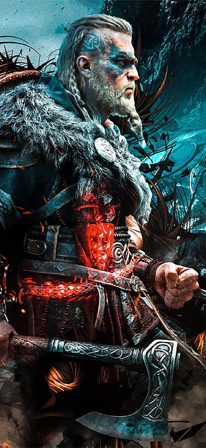 Assassin's Creed Valhalla Viking Warrior with Glowing Red Core and Ornate Axe HD phone wallpaper