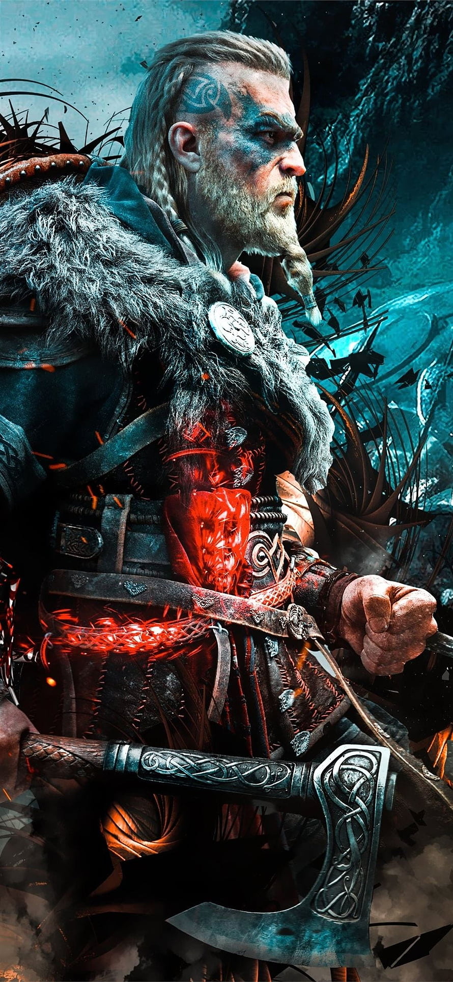 Assassin's Creed Valhalla Viking Warrior with Glowing Red Core and Ornate Axe HD phone wallpaper