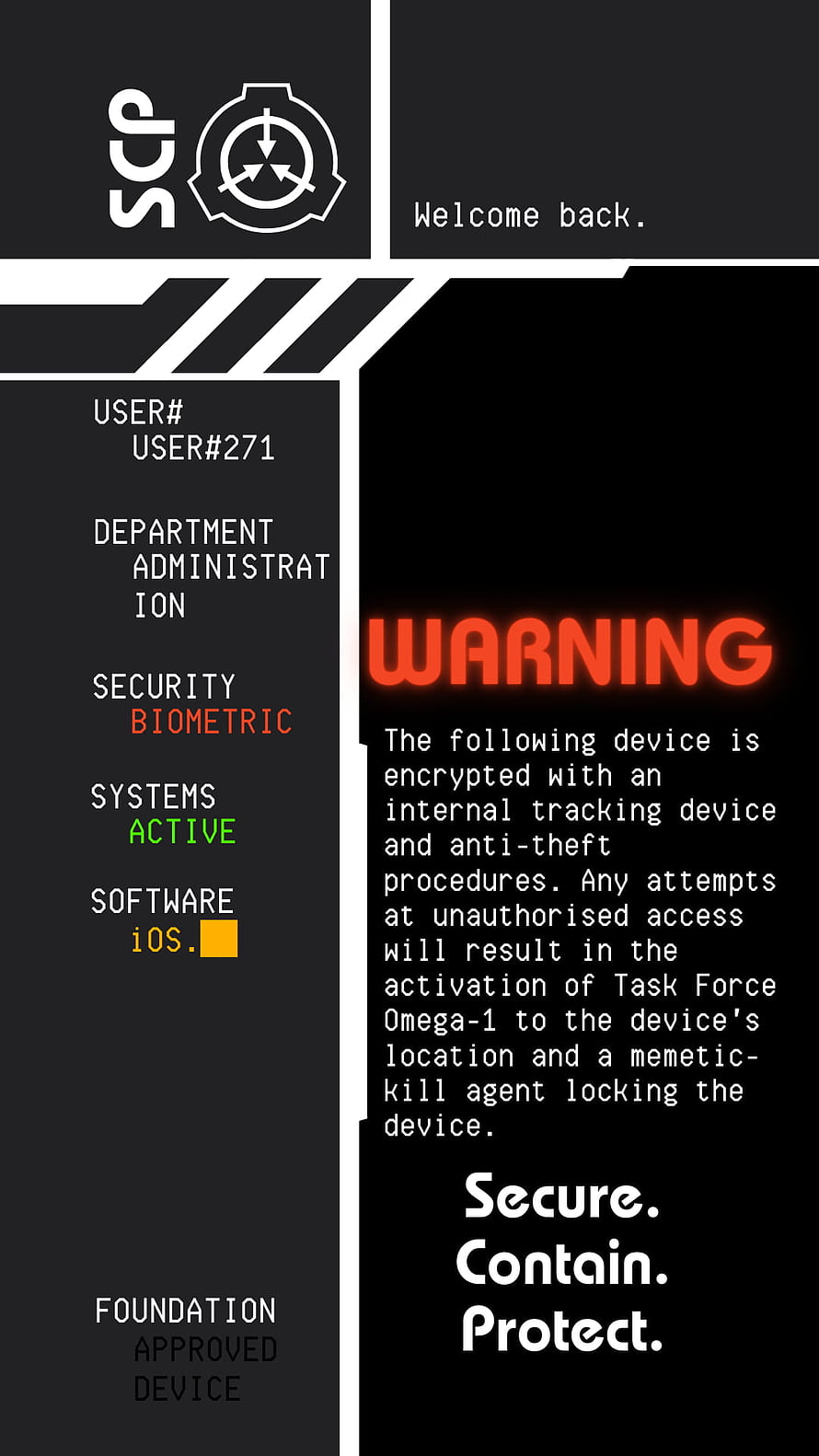 SCP Foundation Warning Screen with Task Force Omega-1 Protocol and Metic Kill Agent Notice HD phone wallpaper