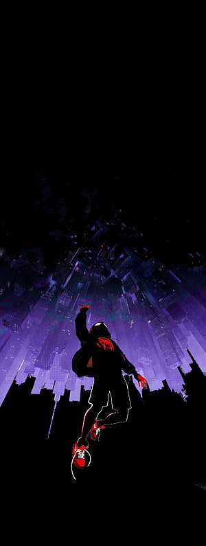 Spider-Man Silhouette Leaping Over a Neon Purple Cyberpunk Cityscape at Night, spider man amoled, #Spider HD phone wallpaper