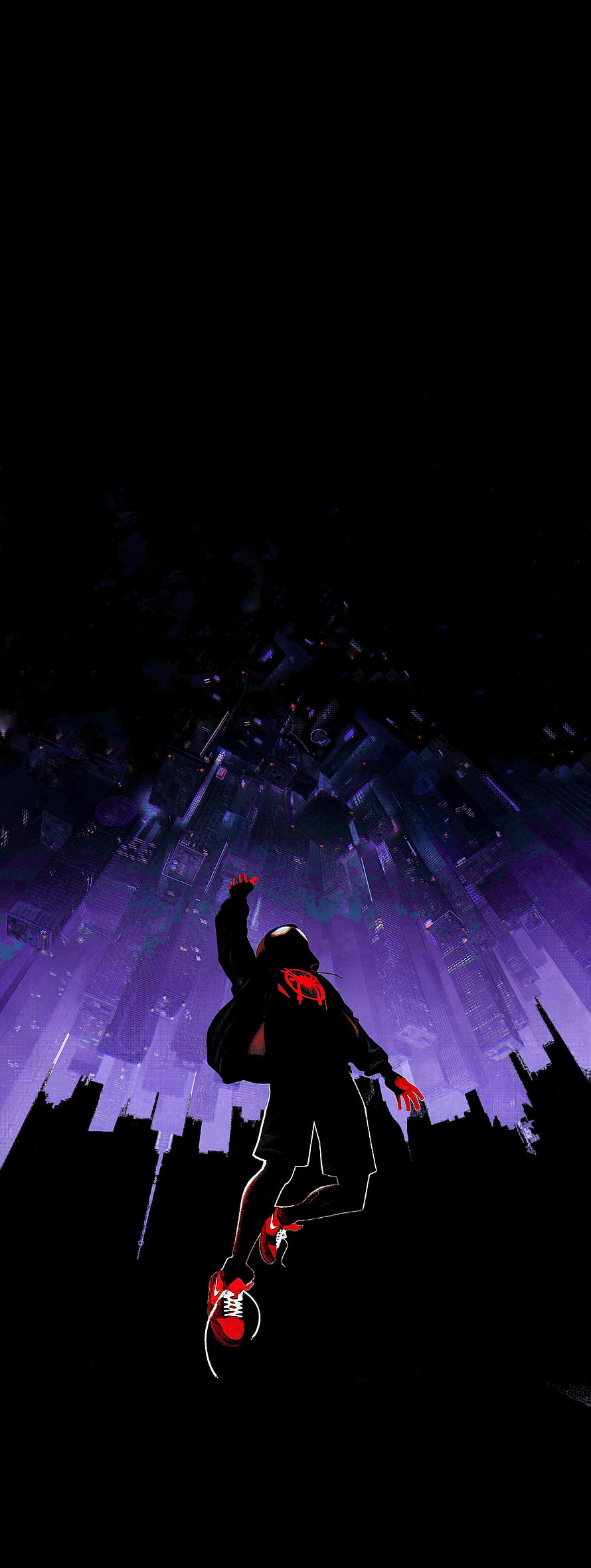 Spider-Man Silhouette Leaping Over a Neon Purple Cyberpunk Cityscape at Night, spider man amoled, #Spider HD phone wallpaper