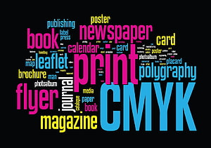 CMYK Printing Industry Word Cloud with Magazine and Newspaper Terms on Black Background HD wallpaper