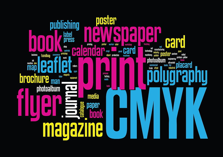CMYK Printing Industry Word Cloud with Magazine and Newspaper Terms on Black Background HD wallpaper