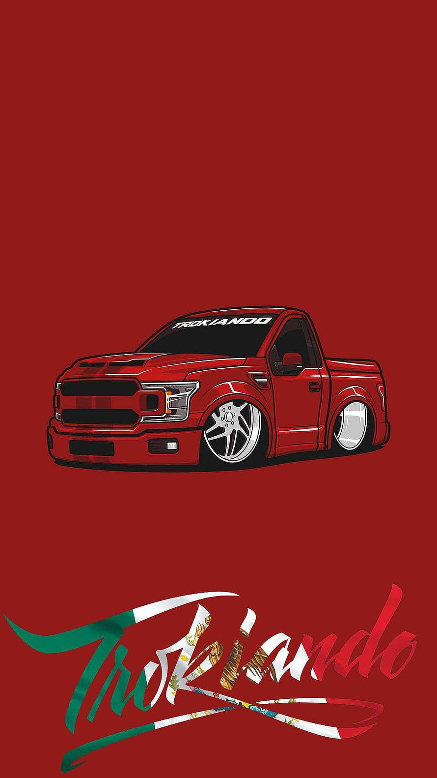 Trokiando Takuache Truck Illustration with Mexican Flag Lettering on Red Background HD phone wallpaper
