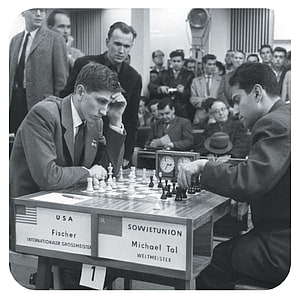 Bobby Fischer and Mikhail Tal in a historic chess match with spectators HD phone wallpaper