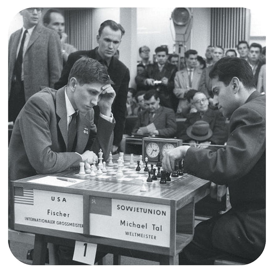 Bobby Fischer and Mikhail Tal in a historic chess match with spectators HD phone wallpaper