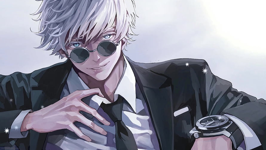 Satoru Gojo in a Black Suit and Round Sunglasses from Jujutsu Kaisen HD wallpaper
