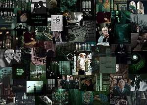 Slytherin Draco Malfoy Aesthetic Collage with Green and Silver Wizarding World Imagery HD wallpaper