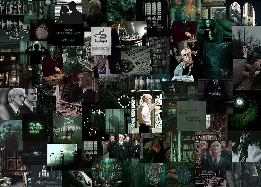 Slytherin Draco Malfoy Aesthetic Collage with Green and Silver Wizarding World Imagery HD wallpaper