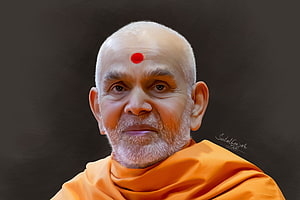 Mahant Swami portrait in saffron robes with red tilak on forehead HD wallpaper