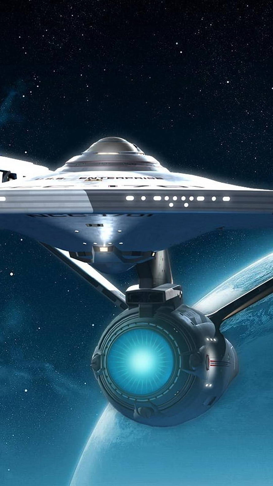 Star Trek Enterprise starship with glowing warp core orbiting a blue planet in deep space HD phone wallpaper