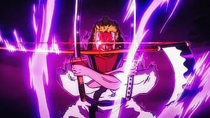 Roronoa Zoro Dual Wielding Swords in Purple Energy Burst HD wallpaper