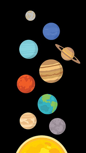 Flat Vector Solar System Illustration Featuring All Planets and the Sun on Black Background HD phone wallpaper