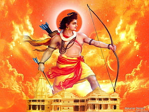 Lord Rama Archery Pose Above Golden Temple in Fiery Orange Sky HD wallpaper