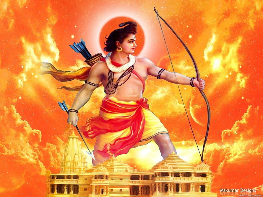 Lord Rama Archery Pose Above Golden Temple in Fiery Orange Sky HD wallpaper