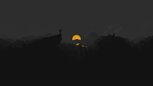 Firewatch Minimalist Night Scene With Lone Figure On Rocky Cliff And Glowing Moon Over Dark Forested Mountains HD wallpaper