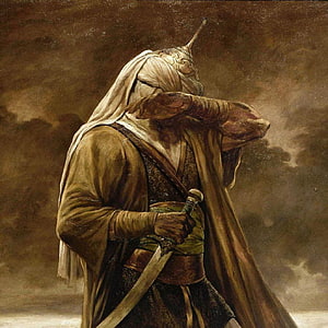 Islamic Warrior in Traditional Robes and Turban Holding a Curved Sword HD phone wallpaper