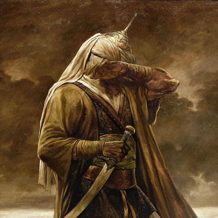Islamic Warrior in Traditional Robes and Turban Holding a Curved Sword HD phone wallpaper