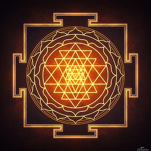 Glowing Golden Sri Yantra Sacred Geometry Mandala on Dark Background HD phone wallpaper