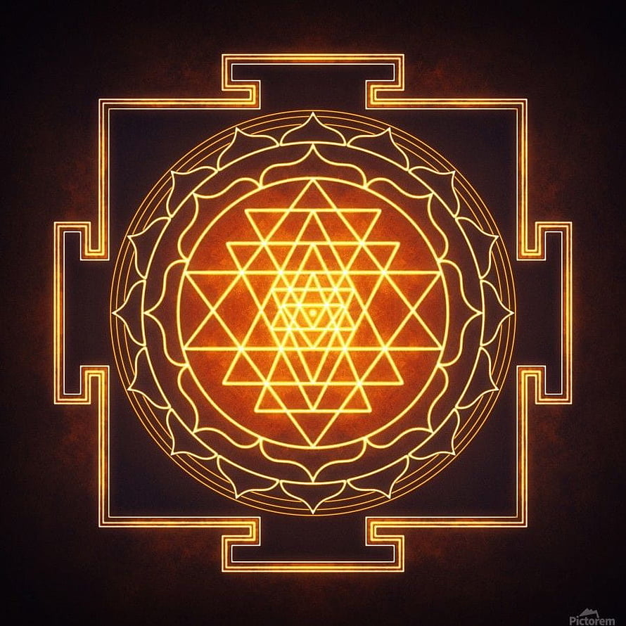 Glowing Golden Sri Yantra Sacred Geometry Mandala on Dark Background HD phone wallpaper