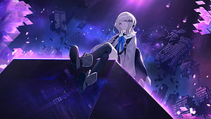 Anime Girl in White Coat Sitting on Floating Platform Amidst Purple Digital City Ruins HD wallpaper