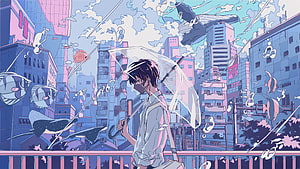Anime Boy With Transparent Umbrella In Surreal Fish-Filled Cityscape HD wallpaper