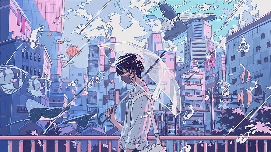 Anime Boy With Transparent Umbrella In Surreal Fish-Filled Cityscape HD wallpaper