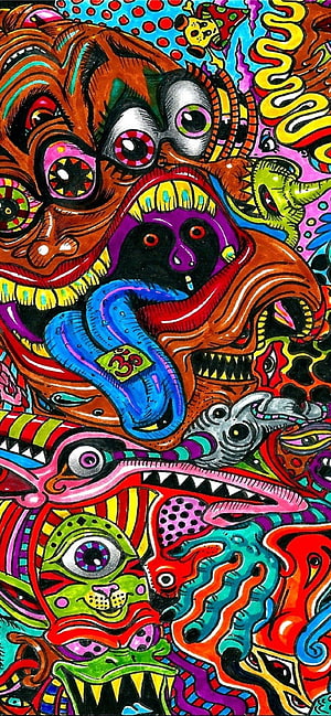 Vibrant Psychedelic Monster Illustration with Trippy Eyes and Colorful Patterns HD phone wallpaper