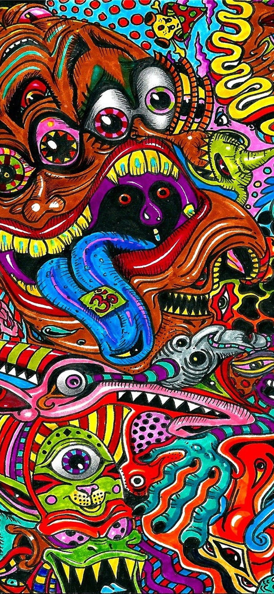 Vibrant Psychedelic Monster Illustration with Trippy Eyes and Colorful Patterns HD phone wallpaper