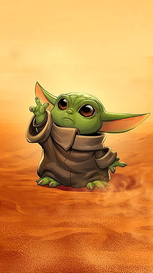 Cute Baby Yoda Character Illustration in Desert Landscape HD phone wallpaper