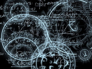 Glowing Mathematical Equations and Geometric Diagrams on a Dark Blackboard Background HD wallpaper