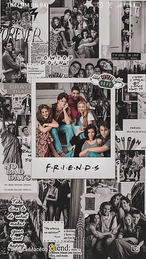 Friends TV Series Collage Wallpaper with Central Perk Logo and Cast Photos HD phone wallpaper