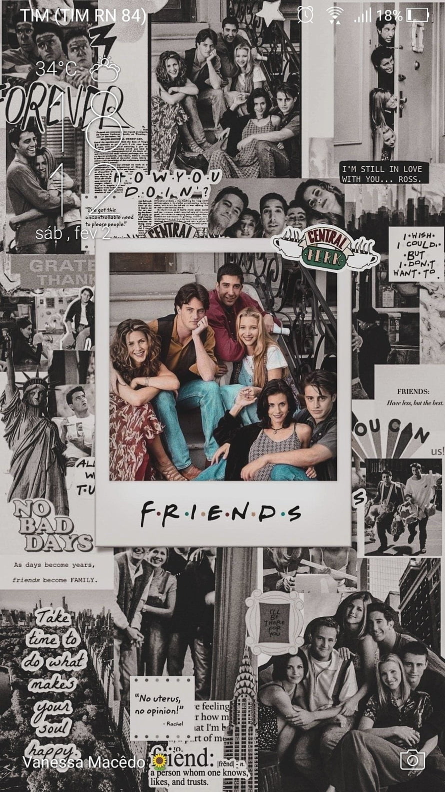 Friends TV Series Collage Wallpaper with Central Perk Logo and Cast Photos HD phone wallpaper
