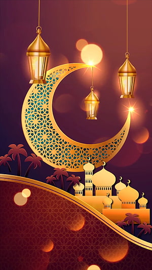 Golden Crescent Moon and Lanterns Over Islamic Mosque Silhouette for Ramadan HD phone wallpaper