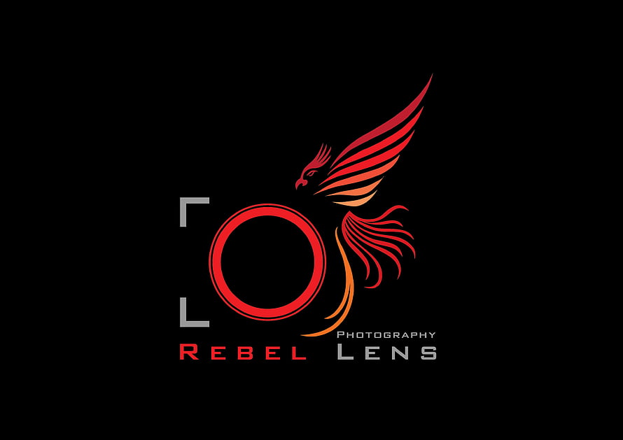 Rebel Lens Photography Logo with Stylized Red Phoenix and Camera Lens Icon on Black Background HD wallpaper