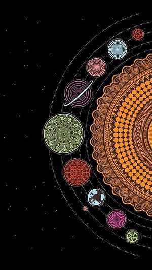 Ornate Solar System Mandala Illustration with Intricate Geometric Planets on Black Background HD phone wallpaper
