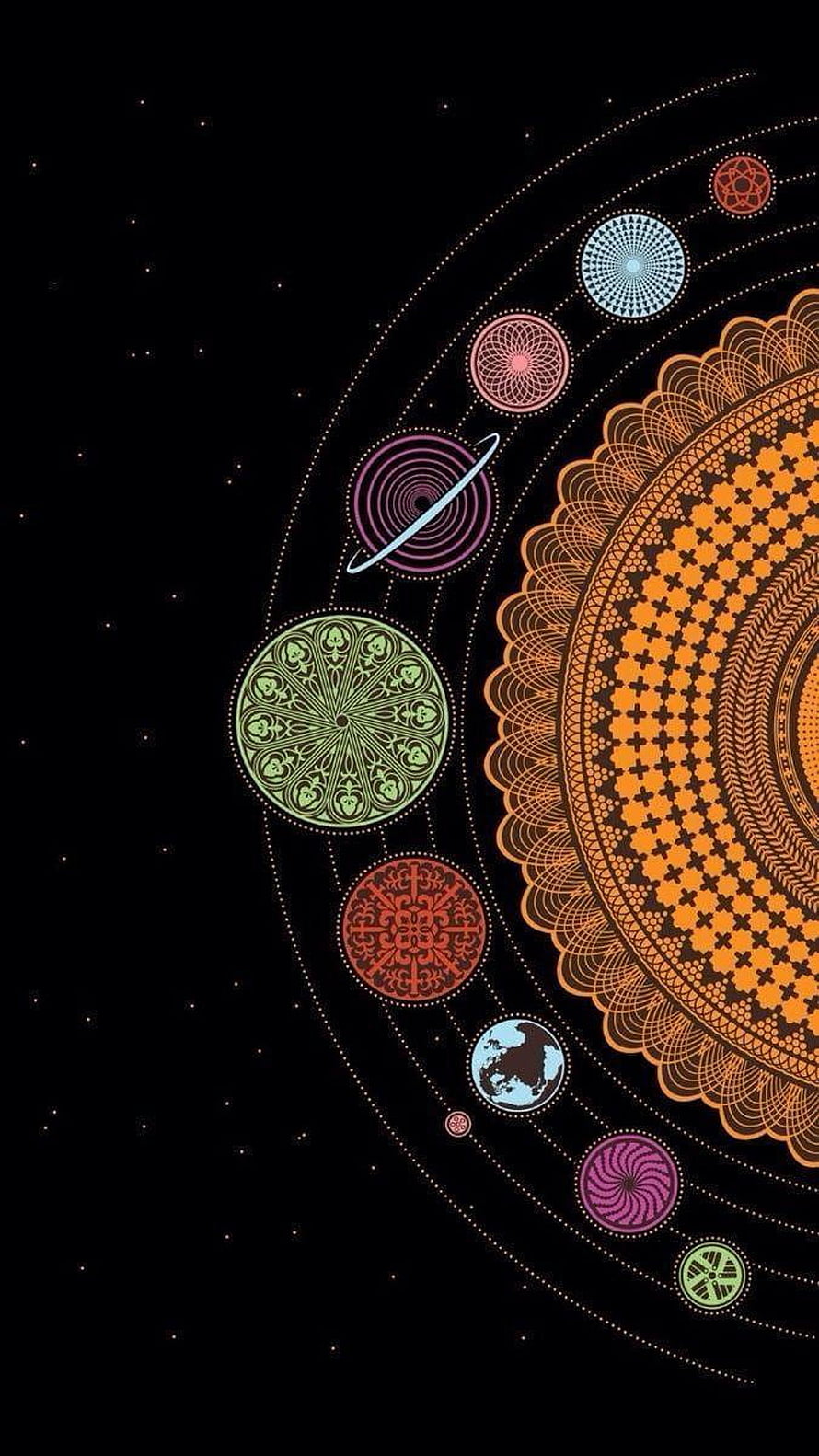 Ornate Solar System Mandala Illustration with Intricate Geometric Planets on Black Background HD phone wallpaper