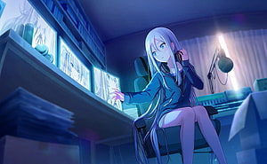 Project Sekai Anime Girl With Headphones In Blue Tinted Studio HD wallpaper