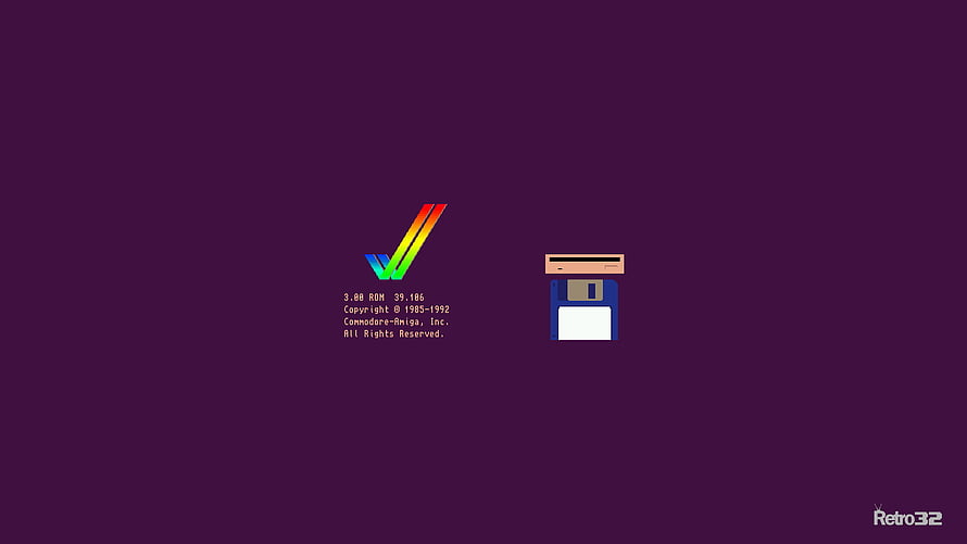 Commodore Amiga Boot Screen with Rainbow Logo and Floppy Disk Icon on Purple Background HD wallpaper