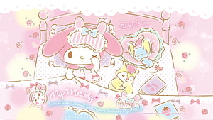 My Melody Sleeping in Bed with Friends in Pastel Pink Sanrio Illustration HD wallpaper