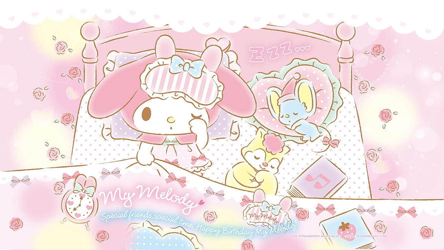 My Melody Sleeping in Bed with Friends in Pastel Pink Sanrio Illustration HD wallpaper