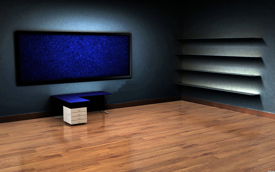 Modern Minimalist Office Interior With Wall-Mounted Display And Floating Shelves HD wallpaper
