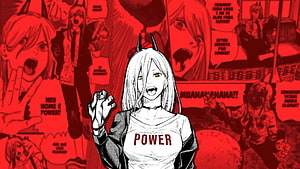 Power from Chainsaw Man in a red and black manga panel collage, Chainsaw Man HD wallpaper